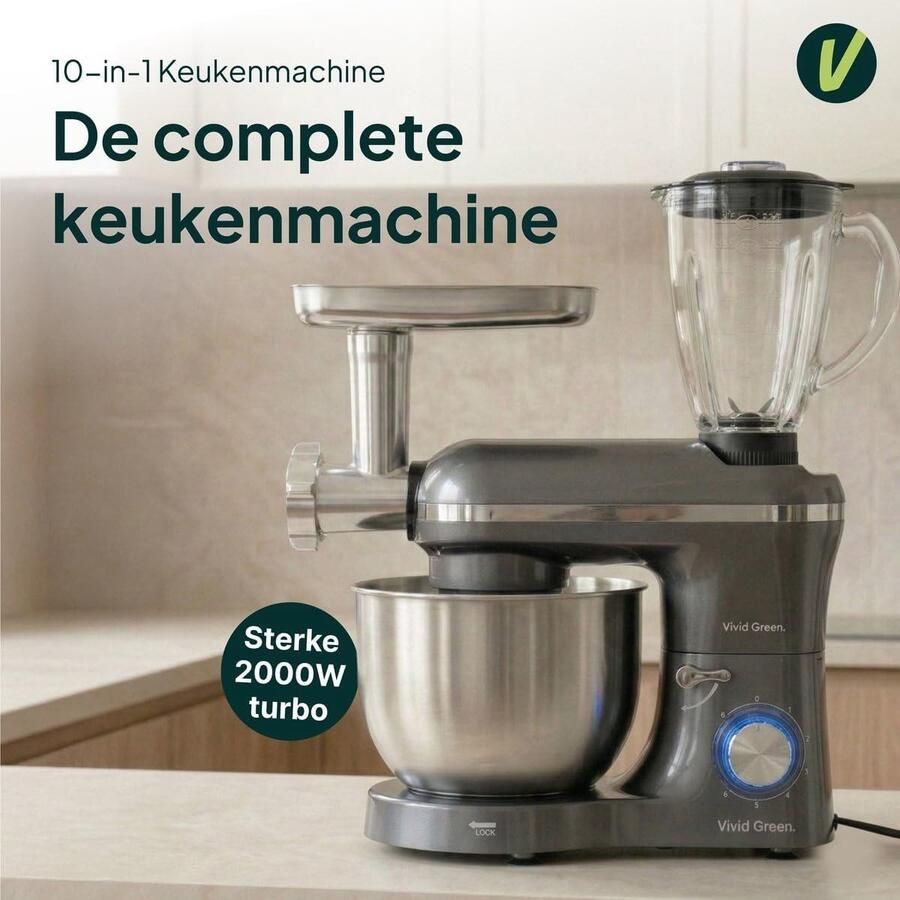 Keukenmachine Robotcuisière Kunststof Grijs 6.2L Mengkom 2000W Voor Gezinsmaaltijden