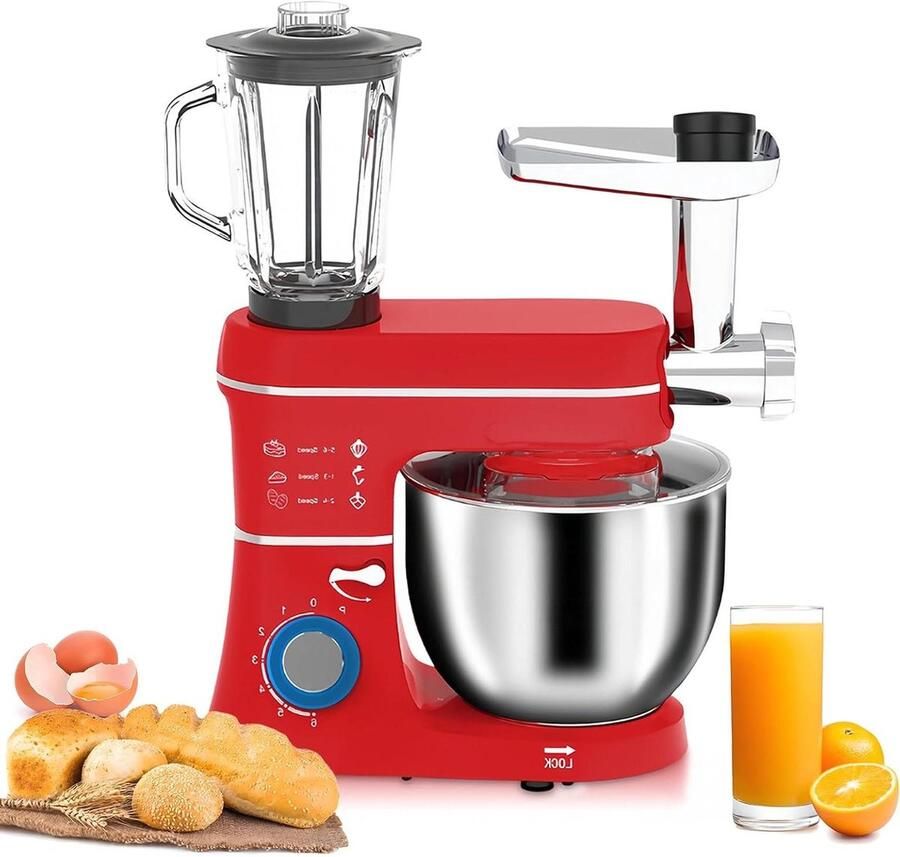 Keukenmachine Standmixer Bakken en Koken 5-in-1 Multifunctioneel 10L Kom Rood
