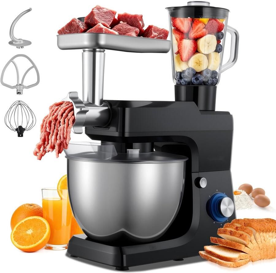 Keukenmachine Standmixer en Deegmixer 1500 W RVS Kom 7 8 L Extra Kom 1 5 L Instelbare Snelheden (6) + Puls Deeghaak Garde Klopper