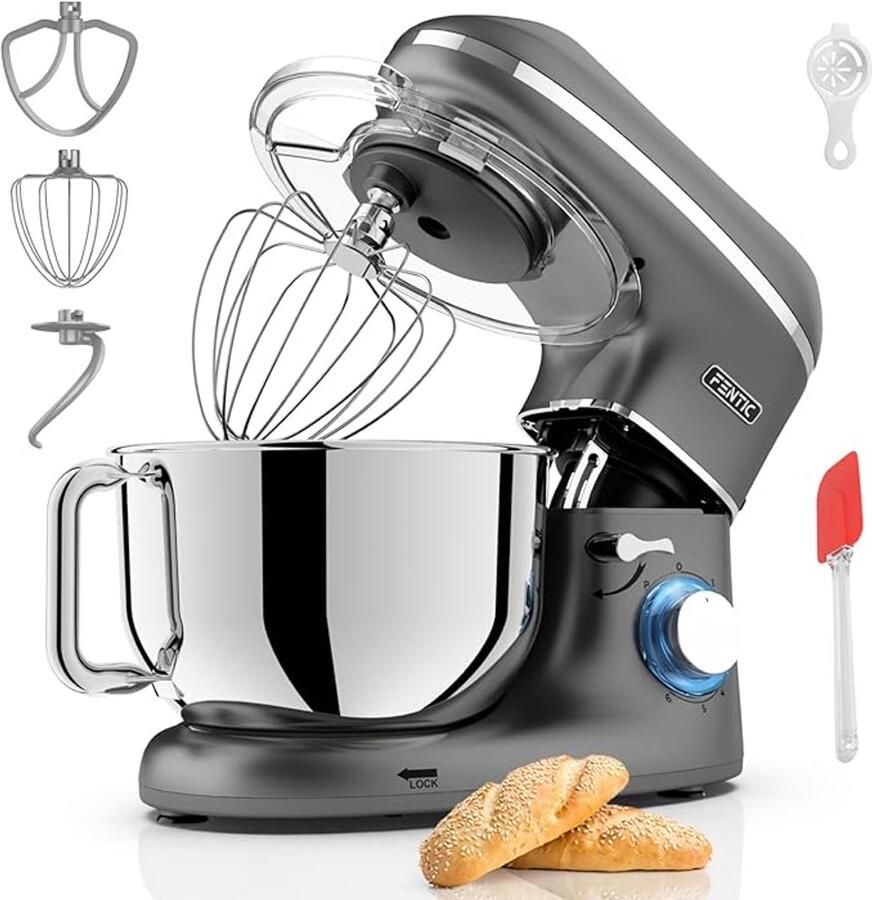 Keukenmachine Standmixer en Deegmixer 1500 W RVS Kom 7 8 L Extra Kom 1 5 L Instelbare Snelheden (6) + Puls Deeghaak Garde Klopper
