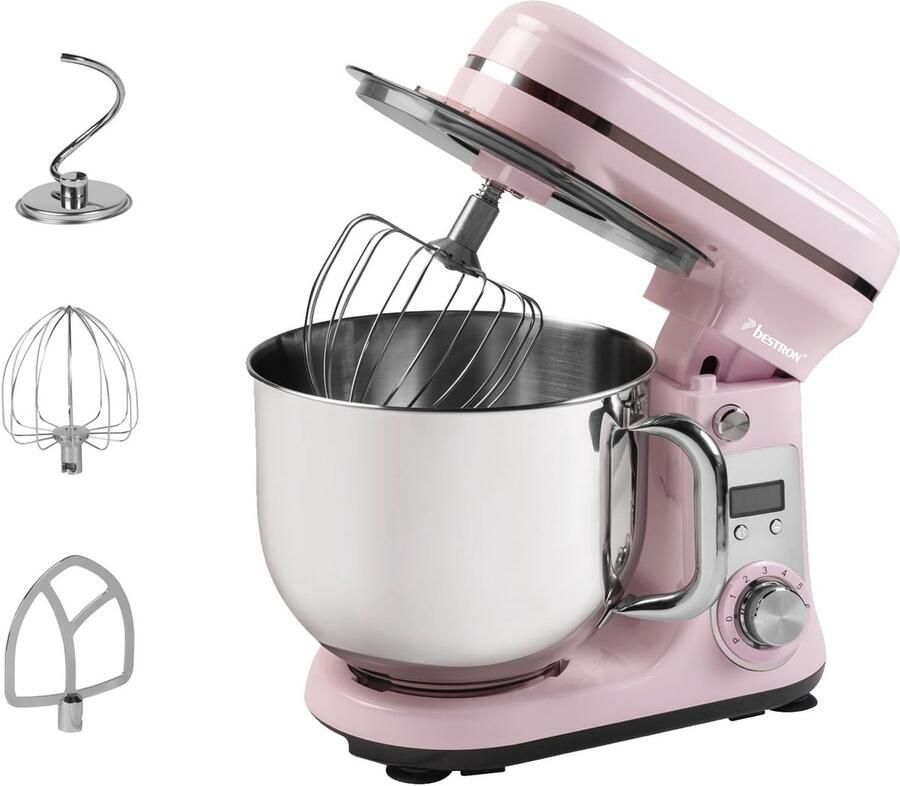 Keukenmachine Super Silent (65db) 4-1 keukenmachine met DC-motor 6 liter mengkom incl. kneedhaak garde en deegrager 6 snelheden + pulsfunctie roze