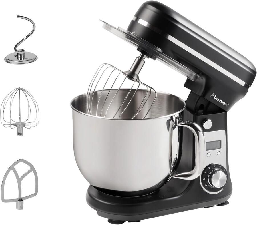 Keukenmachine Super Silent (65db) 4-1 keukenmachine met DC-motor 6 liter mengkom incl. kneedhaak garde en deegrager 6 snelheden + pulsfunctie zwart