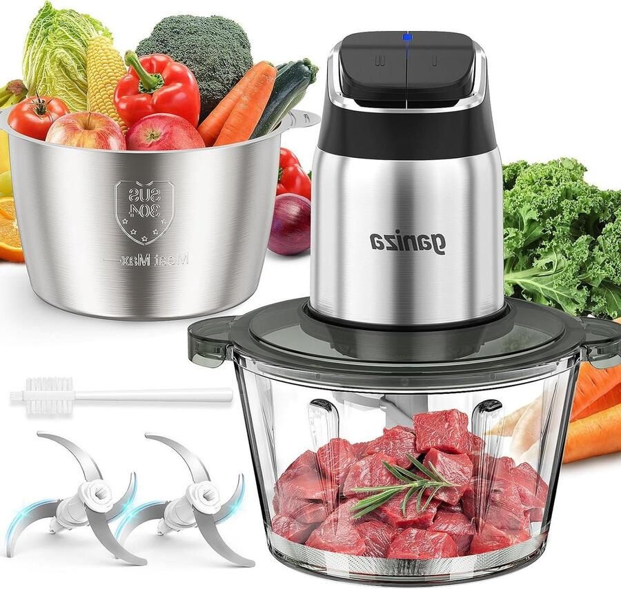 Keukenmachine Voedselhakker Eten Bereiden Dubbele Kom 8 Kopjes Zilver