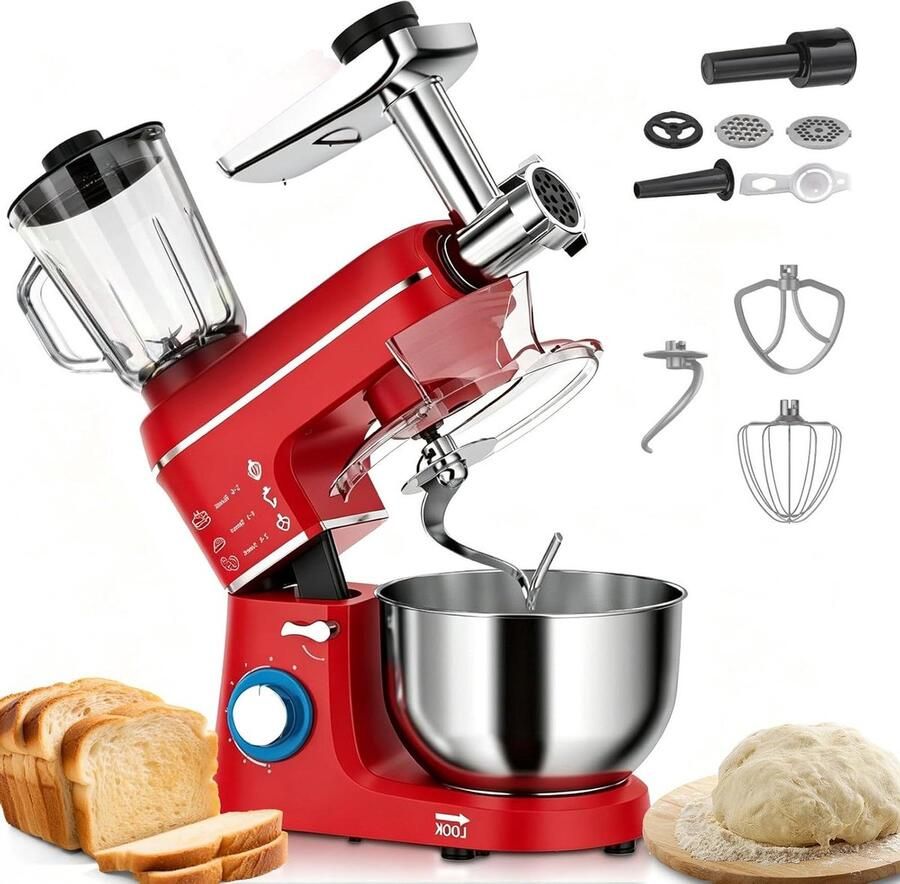 Keukenmixer 5-in-1 Keukenmachine multifunctioneel Bakken en koken 1400W kantelbare kop 10L kom Rood