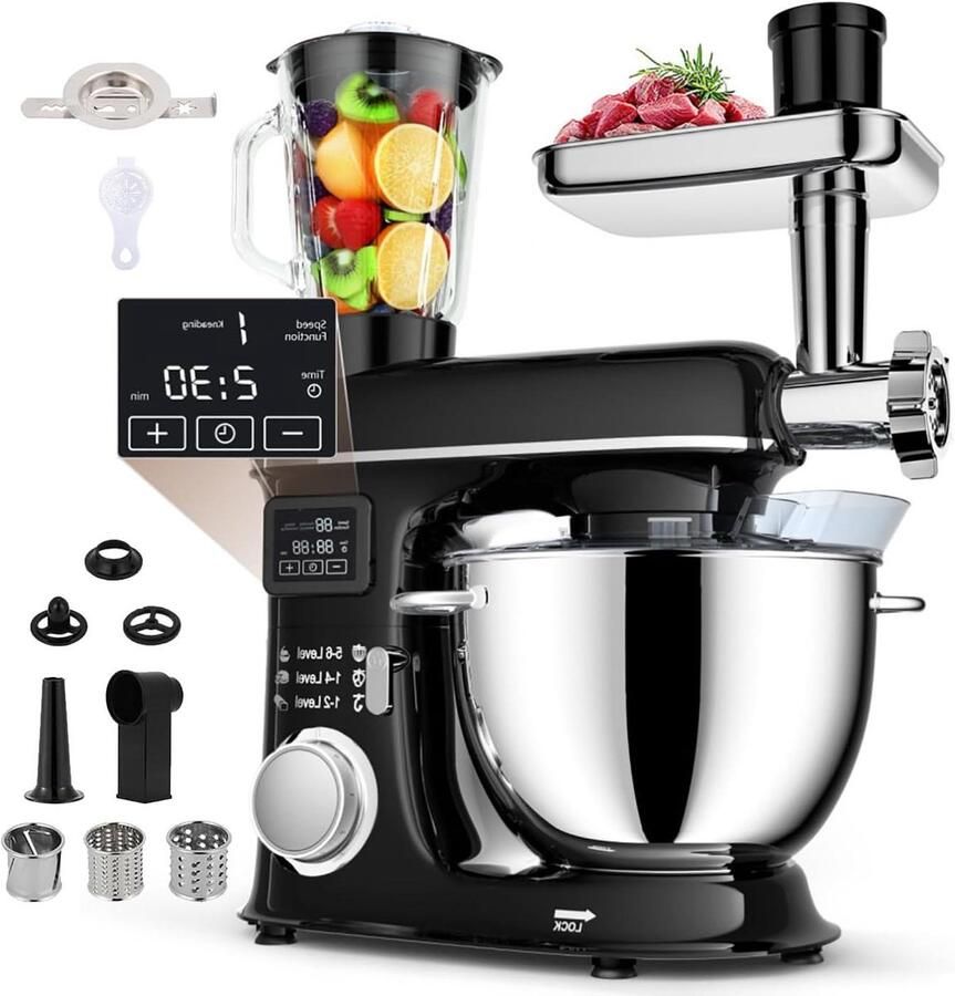 Keukenmixer 8-in-1 Multifunctionele mixer Deegmixer Bakken en Koken Planetair mengsysteem 8 liter kom Zwart