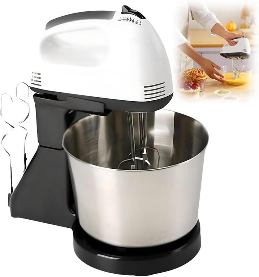 Keukenmixer Handmixer Deegmixer Bakken en Koken 7 Snelheden 100W 2L Kom Zilverkleurig