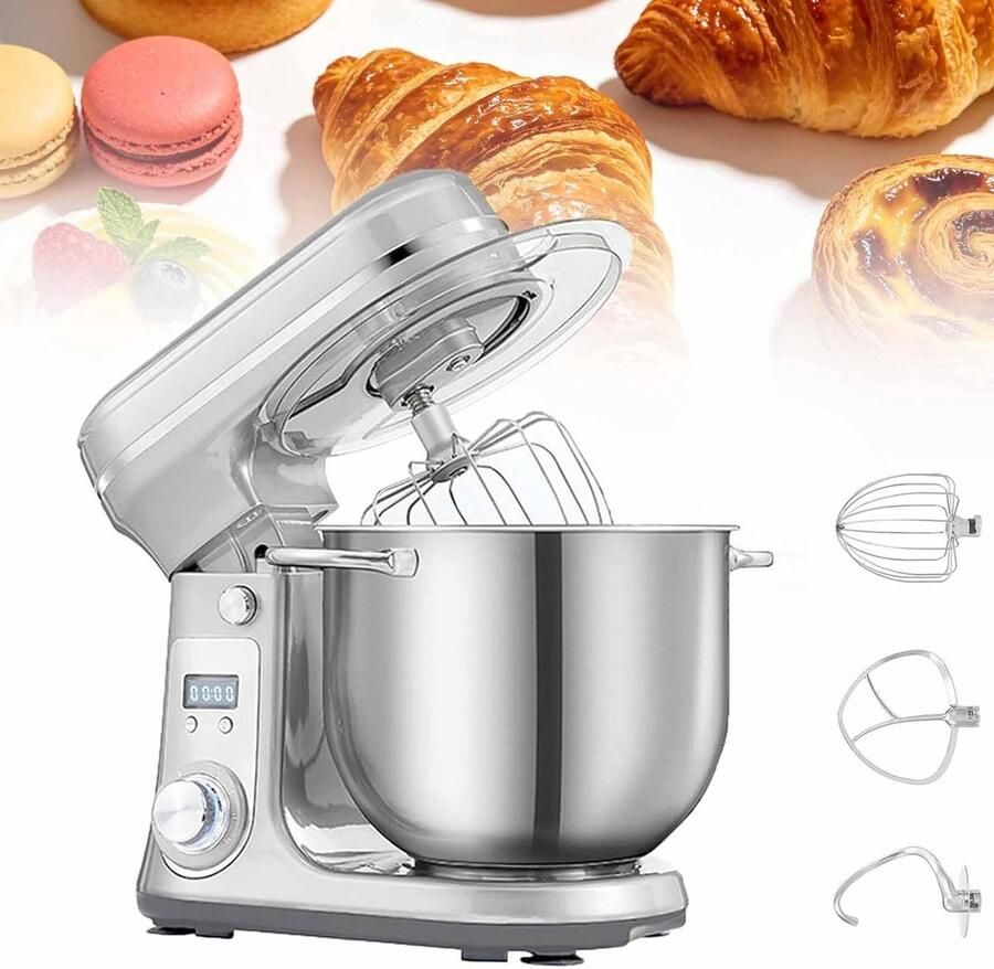 Keukenmixer Kantelkop Mixer Deegmachine Bakken Maken Stil en Krachtig 6L Kom Zilver