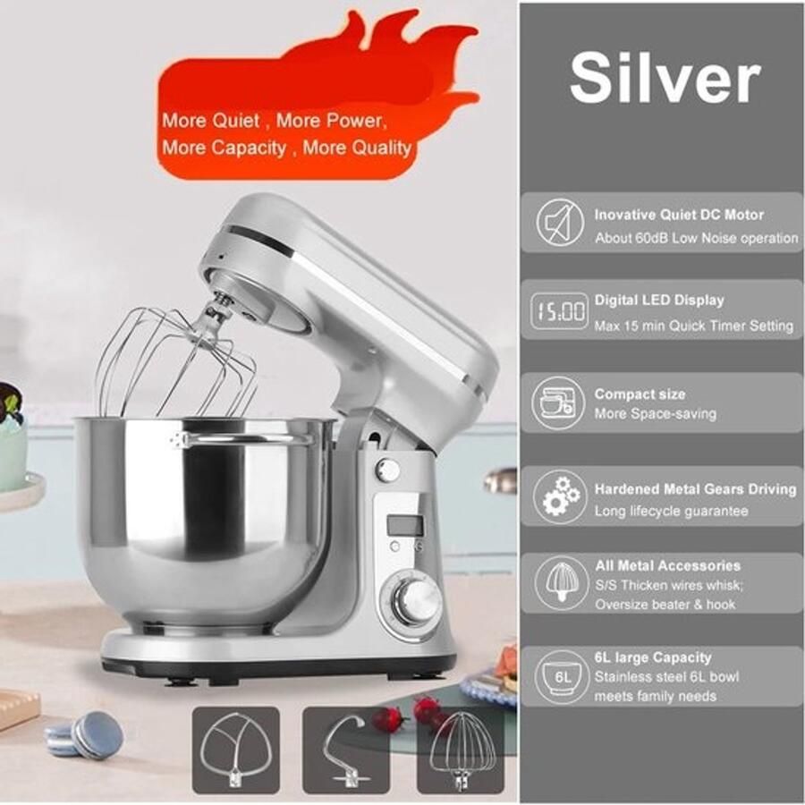 Keukenmixer Keukenmachine Foodprocessor Keukenrobot LED-display 6 snelheden 1200W Stille DC-motor Elektrische foodmixer Zilver