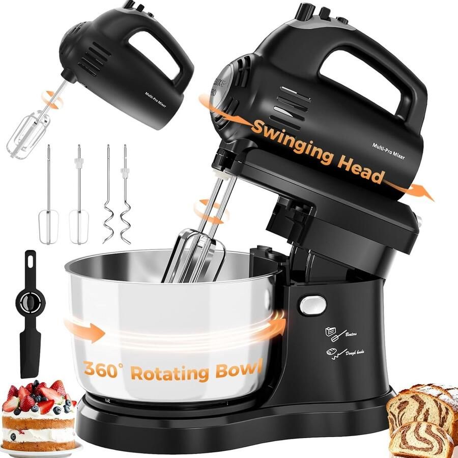Keukenmixer met Kantelbare Kop Standmixer Tafelmixer Bakken en Mixen 360 Graden Draaibare Kom 3.2 Liter Zwart
