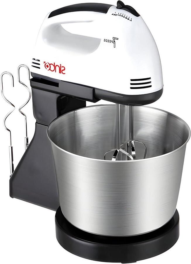 Keukenmixer met Kom Mixer Klopper Bakken en Koken 7 Snelheden Turbo 100 Watt Wit Zilver
