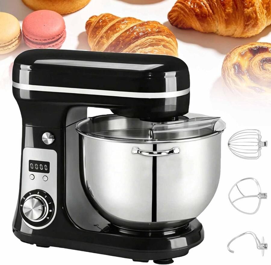 Keukenmixer Mixer Deegmixer Bakken en Menger Stille DC-motor 6L kom Zwart