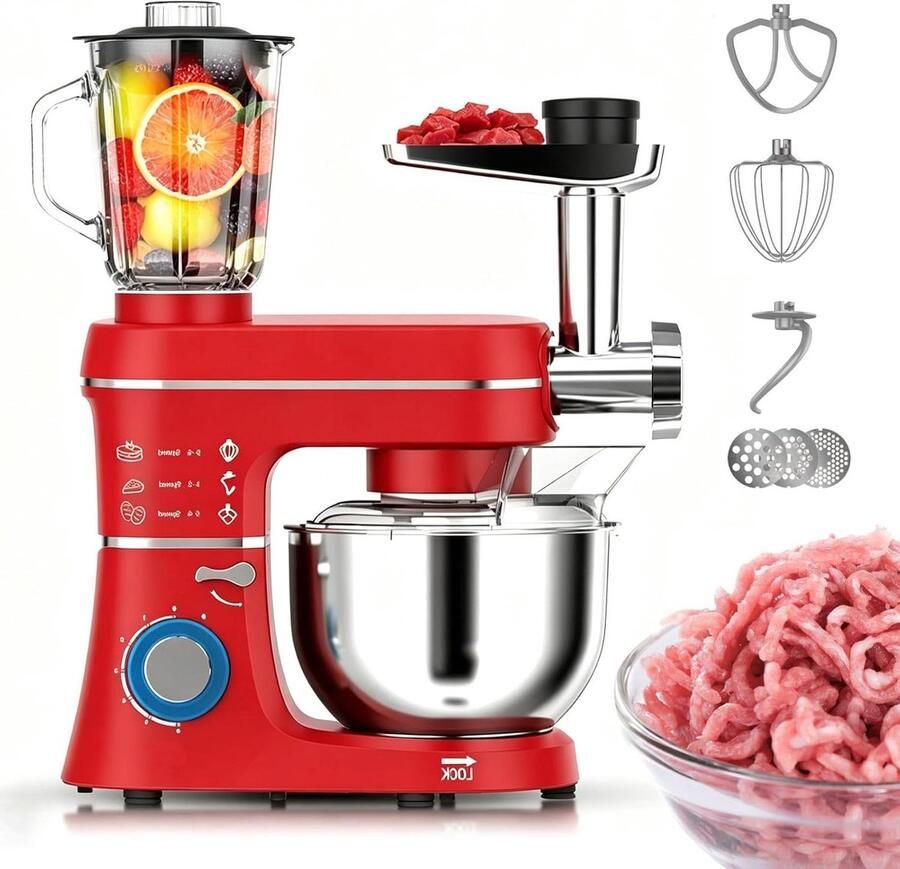 Keukenmixer Mixer Deegmixer Thuisbakken 5-in-1 Multifunctioneel 10 liter kom Rood