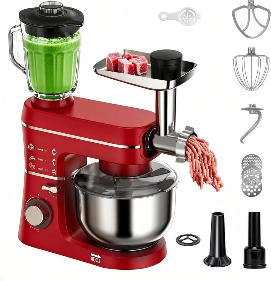 Keukenmixer Mixer Keukenapparaat Deeg Kneden 5-in-1 Multifunctioneel 10 Liter Rood