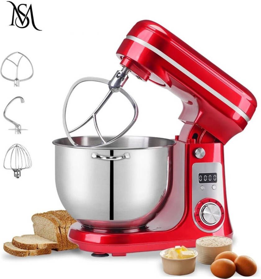 Keukenmixer Stand Mixer Deegmixer Foodprocessor Elektrische Mixer 6 Snelheden 6 Liter RVS Mengkom Garde Klopper Deeghaak Stil Krachtig Met LED-display BPA-vrij Antislip Rood