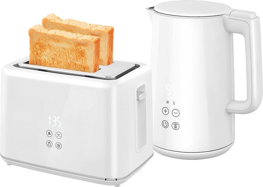 Keukenset met waterkoker en broodrooster 7 bruiningsniveaus snel koken roestvrij staal en kunststof Wit