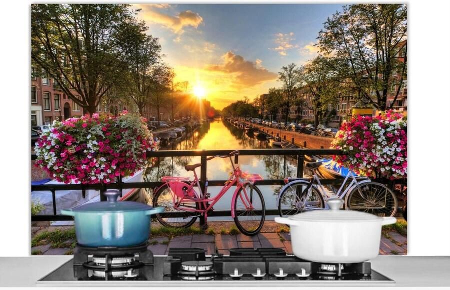 Keukenspatscherm Spatwand achterwand Kookplaat beschermen Amsterdam zonsondergang print 120x80 cm Veelkleurig