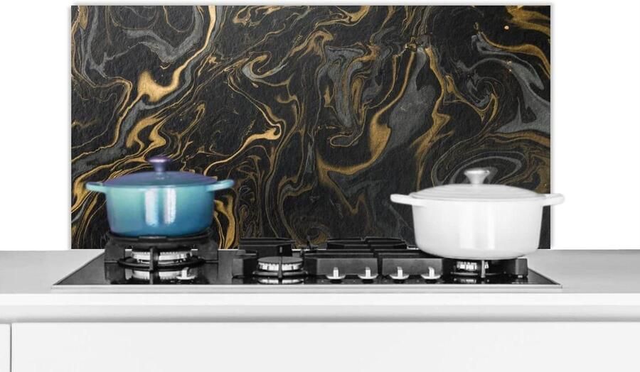 Keukenspatscherm Spatwand Keuken Kookplaat Beschermen Marmerlook Textuur 100x50 cm Grijs Goud