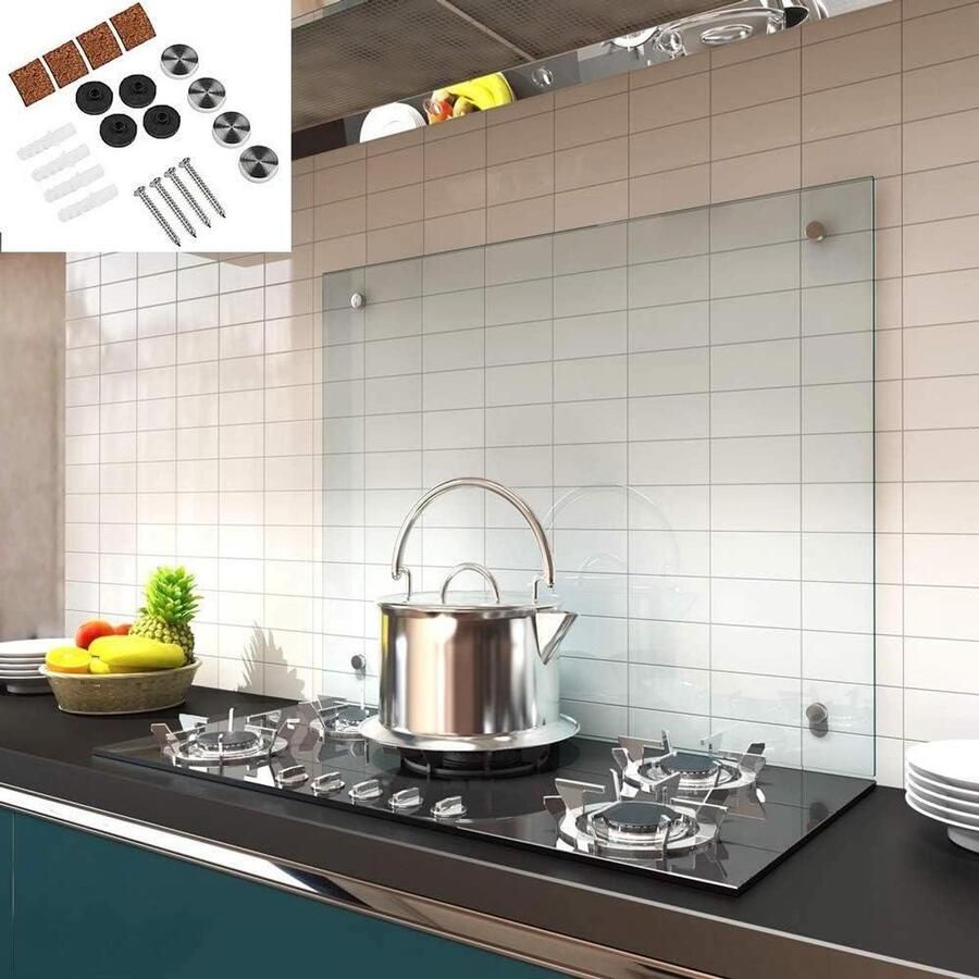 Spatbescherming Keukenachterwand Glasplaat Spatscherm Koken en Bakken Hittebestendig Veiligheidsglas 90 x 60 cm Helder Glas