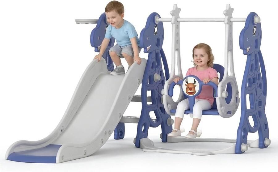 Kinderen Vrije Staande Glijbaan Speelgoed Glijbaan met Basketbal Hoepel en Schommel voor Binnen en Buiten Kinderglijbaan Tuinschuif Plastic Kleuterglijbaan voor 1-6 jaar (175x40x105cm)