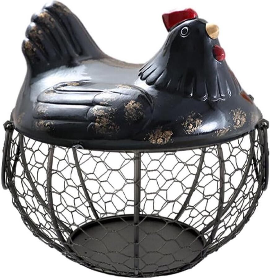 Kip Eierhouder Decoratieve Mand Keuken Organisatie Handgeschilderd Keramiek 19x16 cm Zwart
