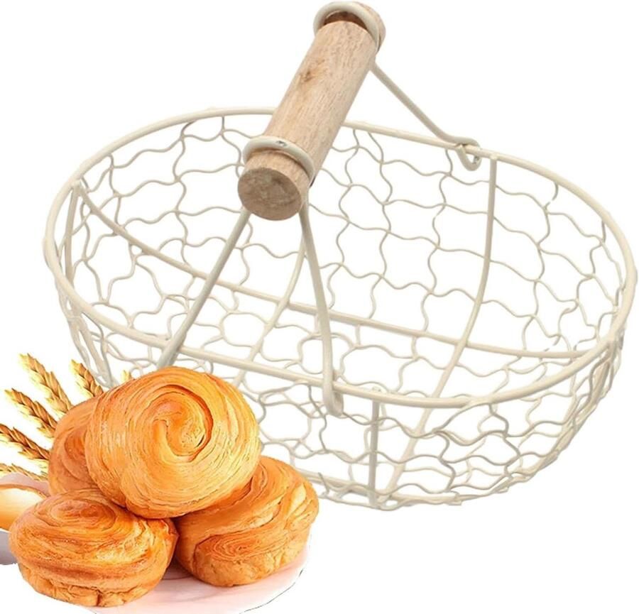 Kippeneimand Decoratieve mand Keuken opbergen Hout en metaal 18 x 12 cm Crèmekleurig