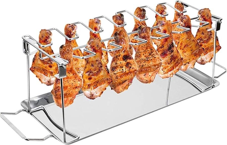 Kippengrillrek Drumstickhouder Gelijkmatig Grillen Met Lekbak 14 Sleuven Zilver
