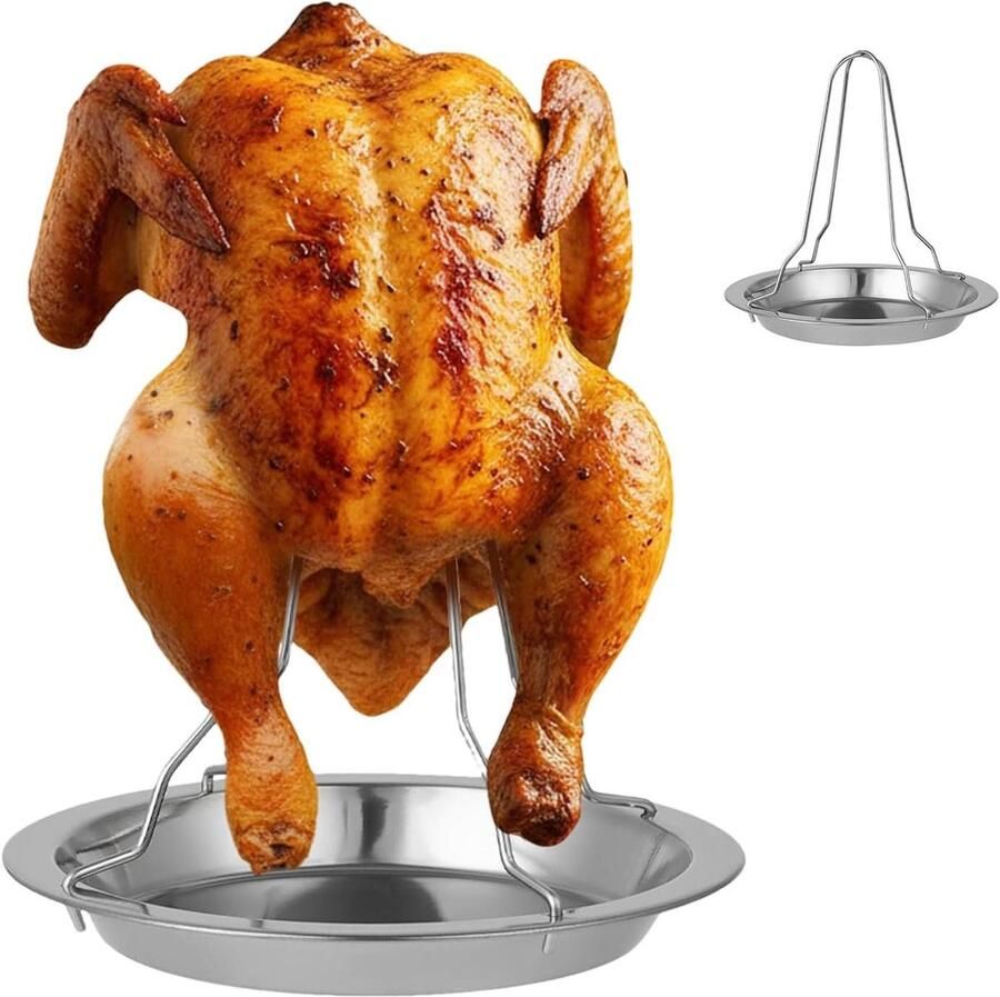 Kippenstandaard Oven Gevogeltehouder Grillrek Gelijkmatig Roosteren Opvouwbaar Roestvrij Staal Compact Ontwerp Zilver - Foto 1