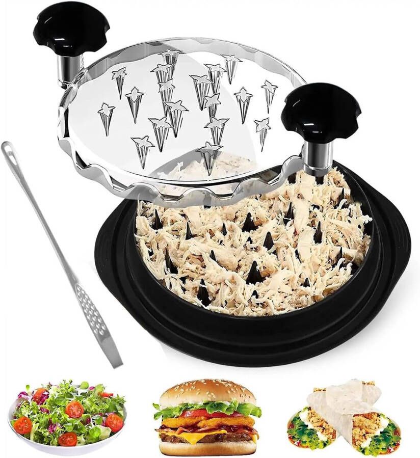 Kipver snipperaar vleesvermalser BPA-vrij Chicken Shredder vaatwasmachinebestendig kippenver snipperaar kippenver snipperaar zwart met clips 21cm lang antislipbasis 25*25*8.5cm