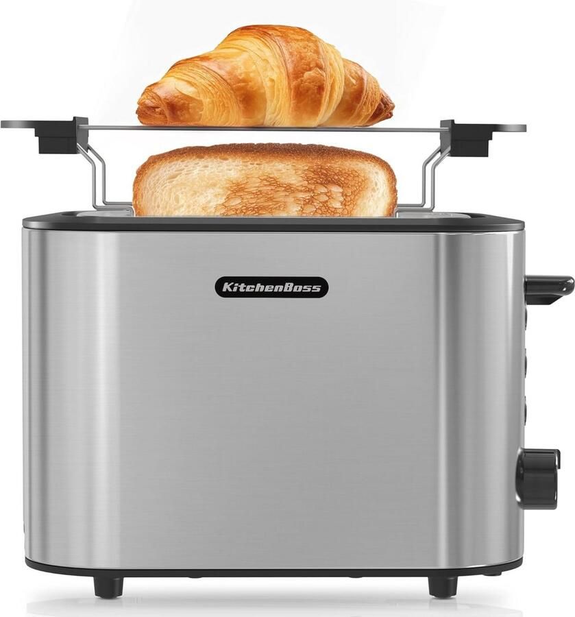 KitchenBoss Broodrooster voor 2 sneden 870 W: broodrooster van roestvrij staal met opzetstuk voor broodjes en kruimellade 6 bruiningsniveaus ontdooifunctie automatische uitschakeling - Foto 1