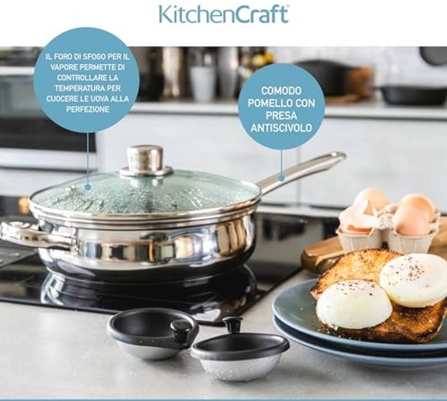 KitchenCraft Eierstroperpan met anti-aanbaklaag inductiebestendig roestvrij staal geschikt voor 6 eieren 26 cm zilver
