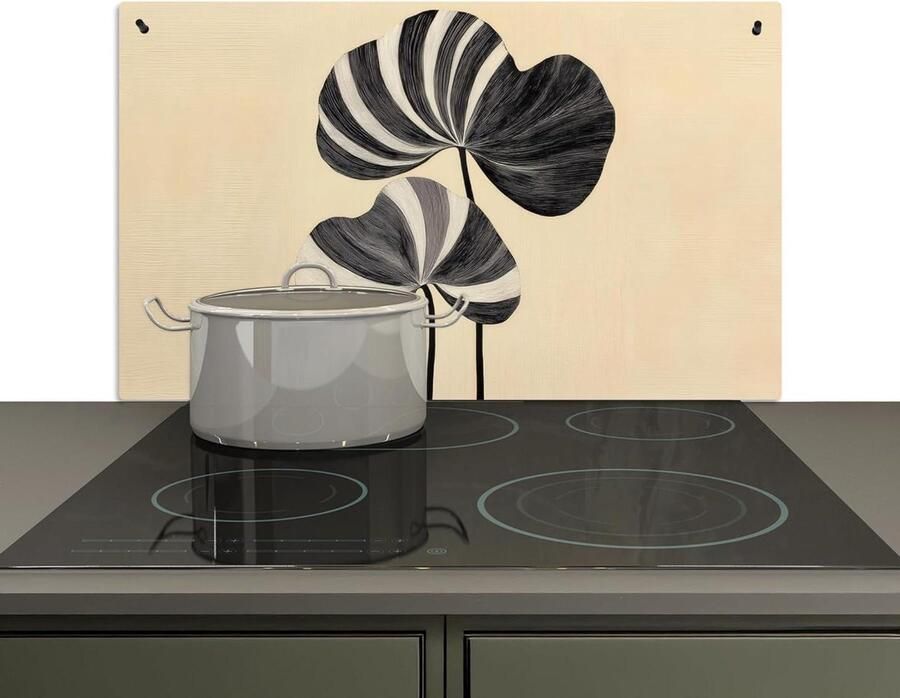 KitchenYeah© Spatscherm Keuken 52x90 cm Kookplaat Achterwand Beschermer Muur Spatwand Fornuis Aluminium Hittebestendig Zwart Bladeren Strepen Minimalistisch