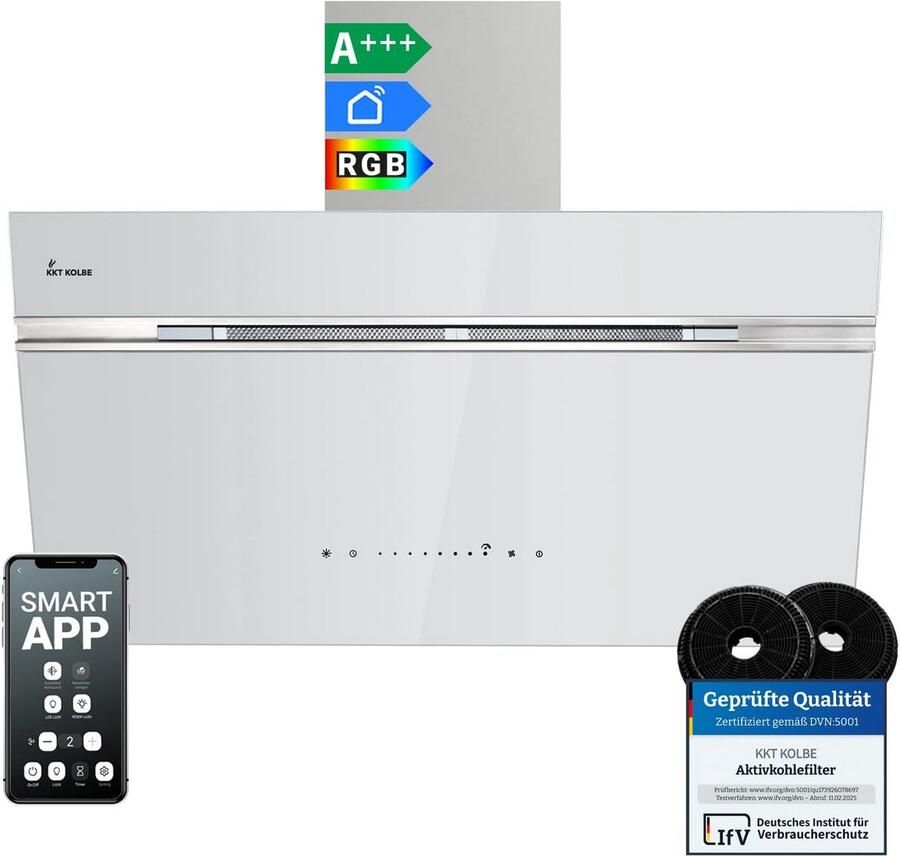 KKT KOLBE AURORA9005WED Afzuigkap 90 cm 782 cbm h convectie afvoerlucht kopvrije wandkap wit zilver glas automatische naloopfunctie Smart wifi-app WLAN SensorTouch RGBW ledverlichting wit - Foto 1