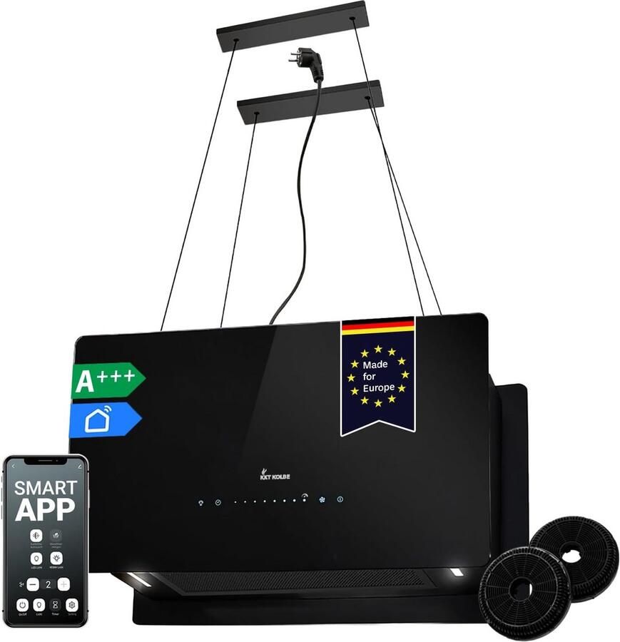 KKT KOLBE CUBE60FB Afzuigkap 60 cm 684 cbm h convectie 9 standen Smart WLAN app eilandkap vrijhangend plafondmontage zwart glas ledverlichting automatische naloopfunctie - Foto 1