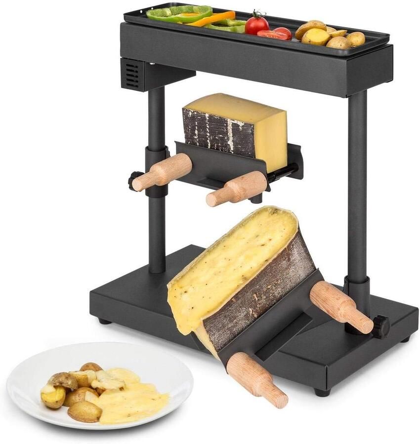 Klarstein Appenzell XL Raclette met grill 600 W thermostaat verwarmingselement van roestvrij staal grilloppervlak aan de bovenkant 2 x kaasdragers: in hoogte verstelbaar draaibaar kantelbaar zwart