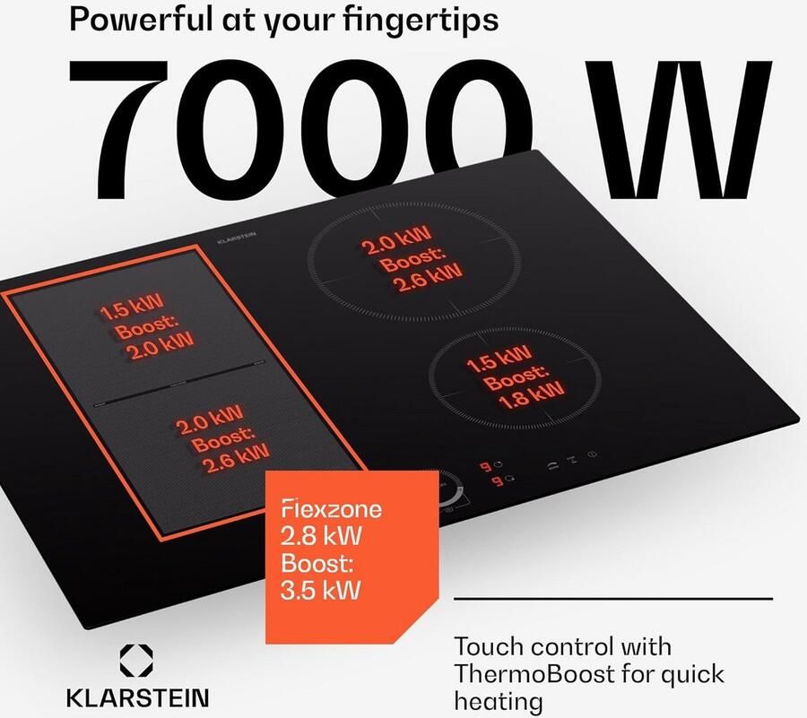 Klarstein Inductieplaat 7000 W elektrische kookplaat met inductie inductiekookplaat 4 pitten kooktafels ThermoBoost verwarmingsplaten elektrisch fornuis voor keuken