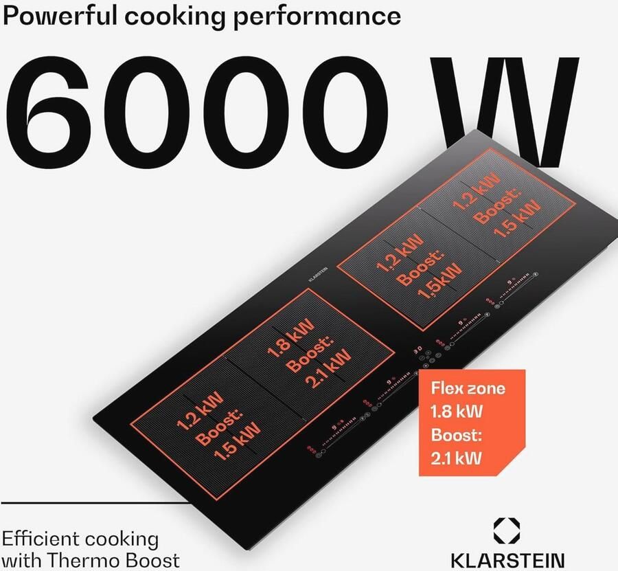Klarstein Induction Hob 4 Plates 90 cm Ceramic Induction Hob with 4 Hobs 7200 W Induction Hob Touch Control Stove with Overheating Protection Efficient Ceramic