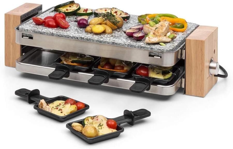 Klarstein Prime-Rib Raclette met natuursteen raclettegrill partygrill 2-in-1 apparaat 8 personen 1500 watt thermostaat traploos instelbaar RVS behuizing inclusief accessoires zwart