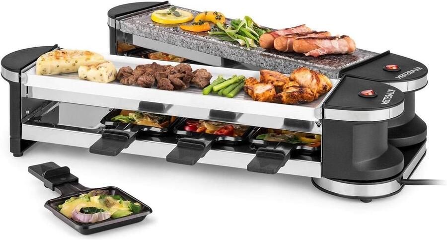 Klarstein Tenderloin 50 50 raclettegrill elektrische grill totaal vermogen: 1200 W 600 W per staaf afzonderlijke bediening van beide staven 8 personen 1 x natuursteenplaat 1 x metalen grillplaat wit