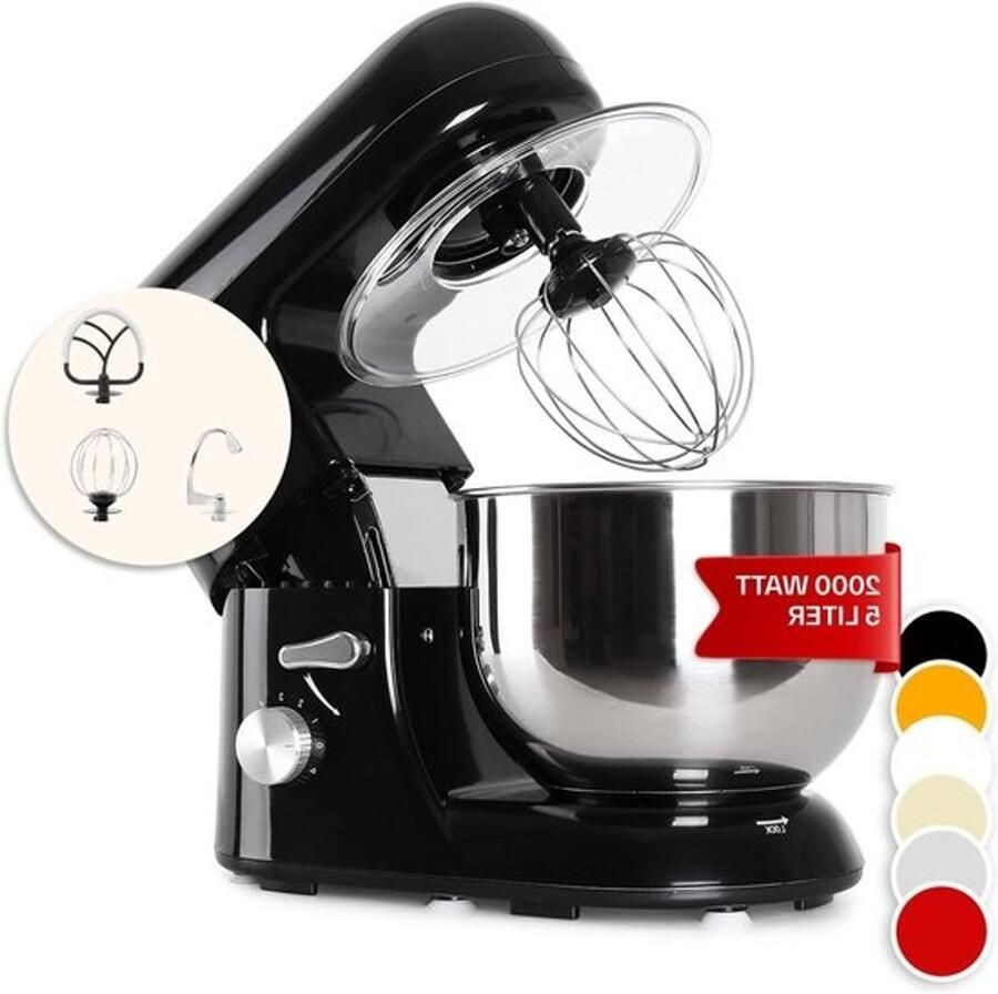 Klarstein TK2-Mix8-B Bella Nera keukenmachine met roersysteem 1200 watt mengkom van 5.2 Litre 6 snelheden zwart