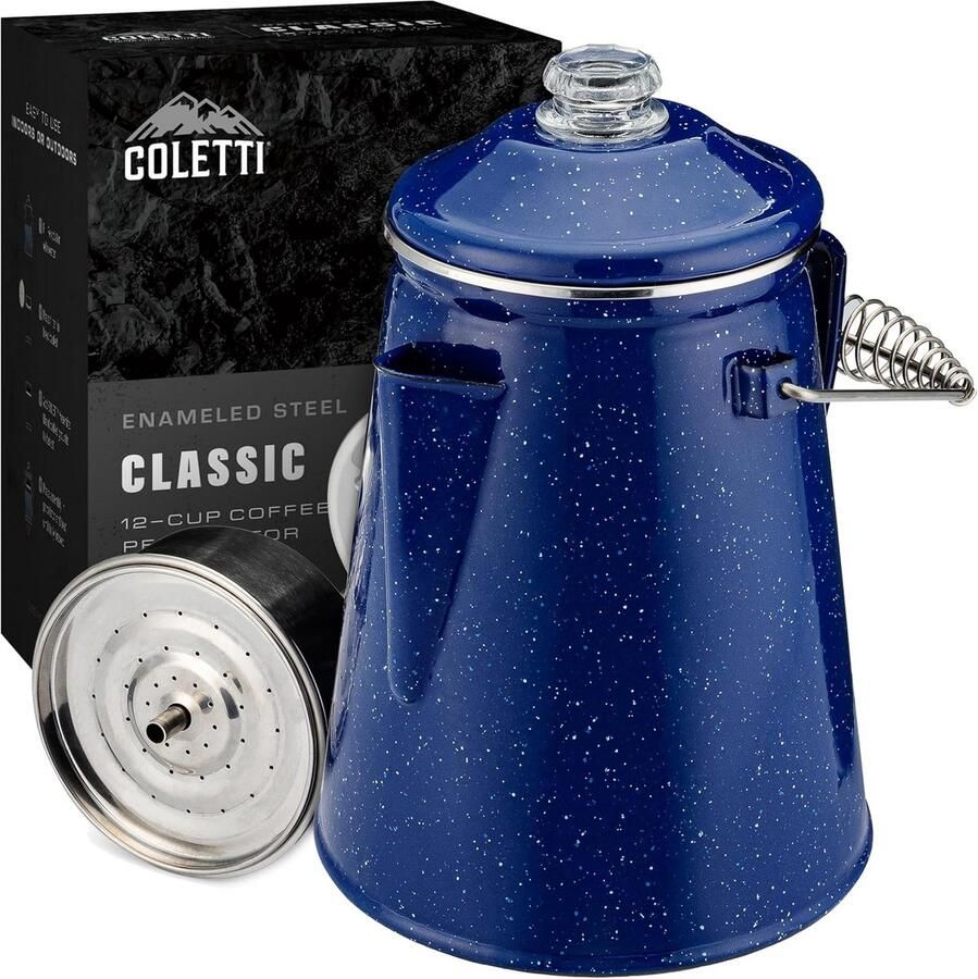 Klassieke Koffie Percolator voor Buiten Koken Koffiezetter voor Camping en Open Vuur 12 Koppen Blauw