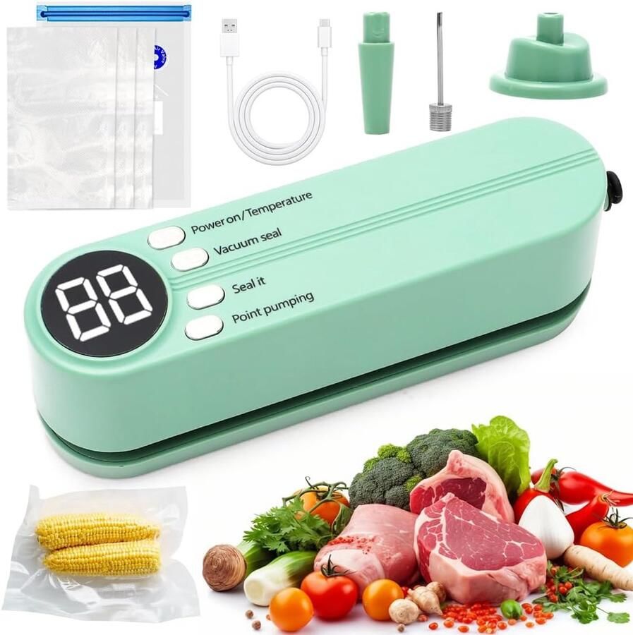 Klein vacuümapparaat voor levensmiddelen 4-in-1 mini-vacuümapparaat met 5 zakken folielasapparaat voor plastic zakken spaanzakken voedselopslag snack (groen)