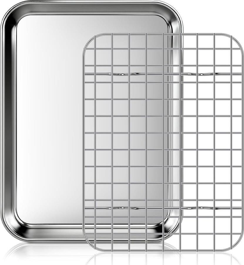 Kleine bakplaat met rekset voor oven Roestvrijstalen anti-aanbak koekjesblad en grillrek