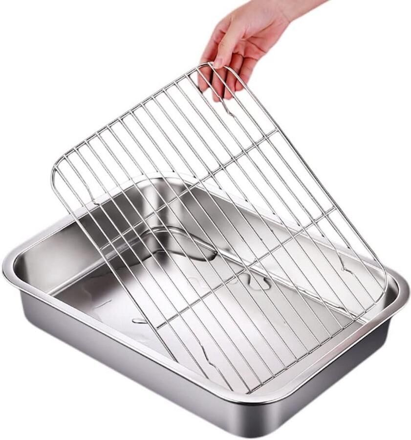Kleine bakplaat set met draadrek – RVS koekjespan 25 x 20 cm
