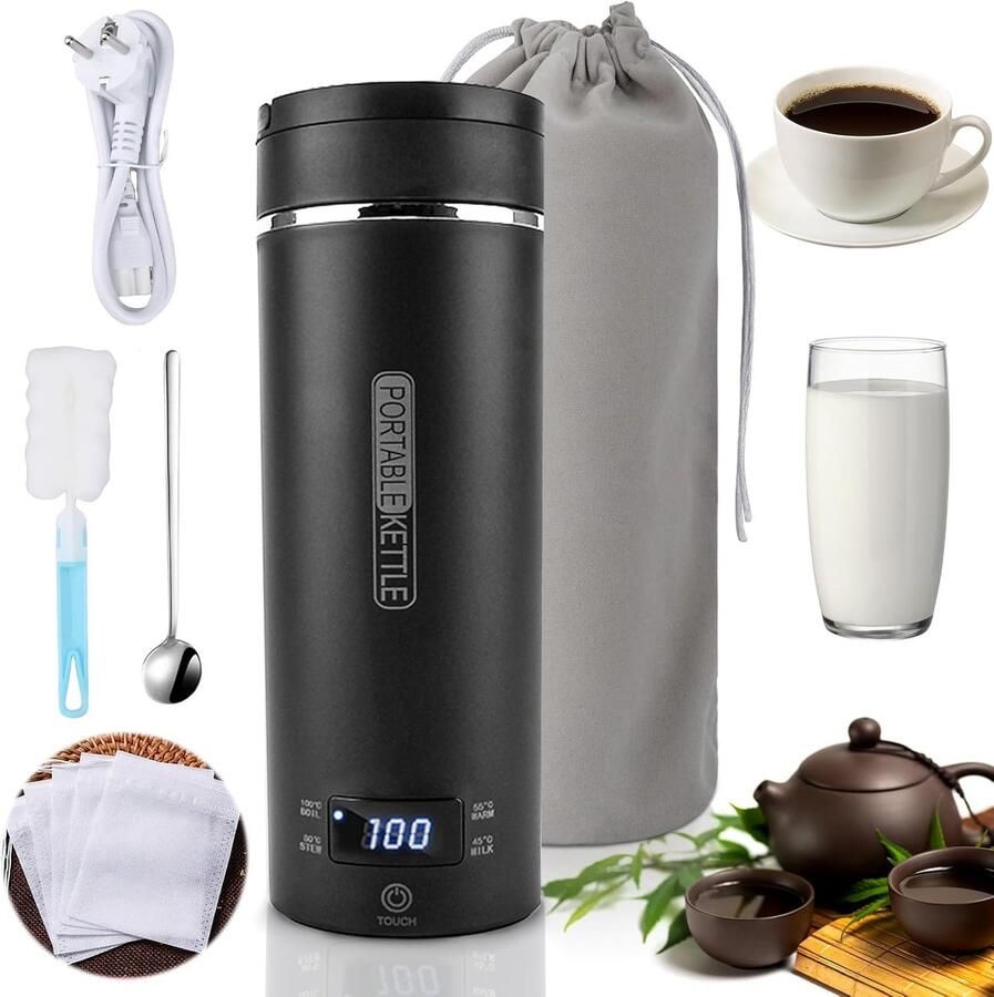Kleine Draagbare Elektrische Waterkoker 500ml 304 Rvs Liner Elektrische Reiswaterkoker 4 Temperaturen Kleine Draagbare Waterkokers met Borstel en Opbergzak voor Melk Koffie Thee