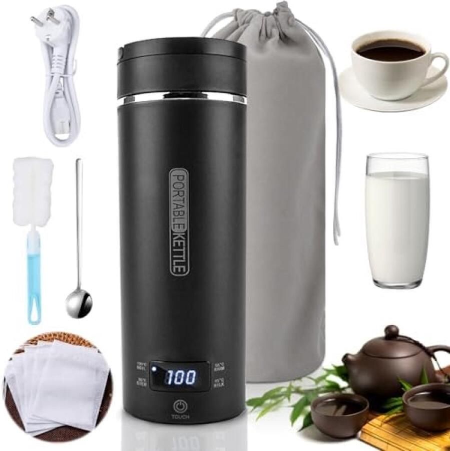 Kleine Draagbare Elektrische Waterkoker 500Ml 316 Rvs Reiswaterkoker Met 4 Temperaturen Mini Waterkoker Voor Melk Koffie Thee Inclusief Borstel En Opbergzak