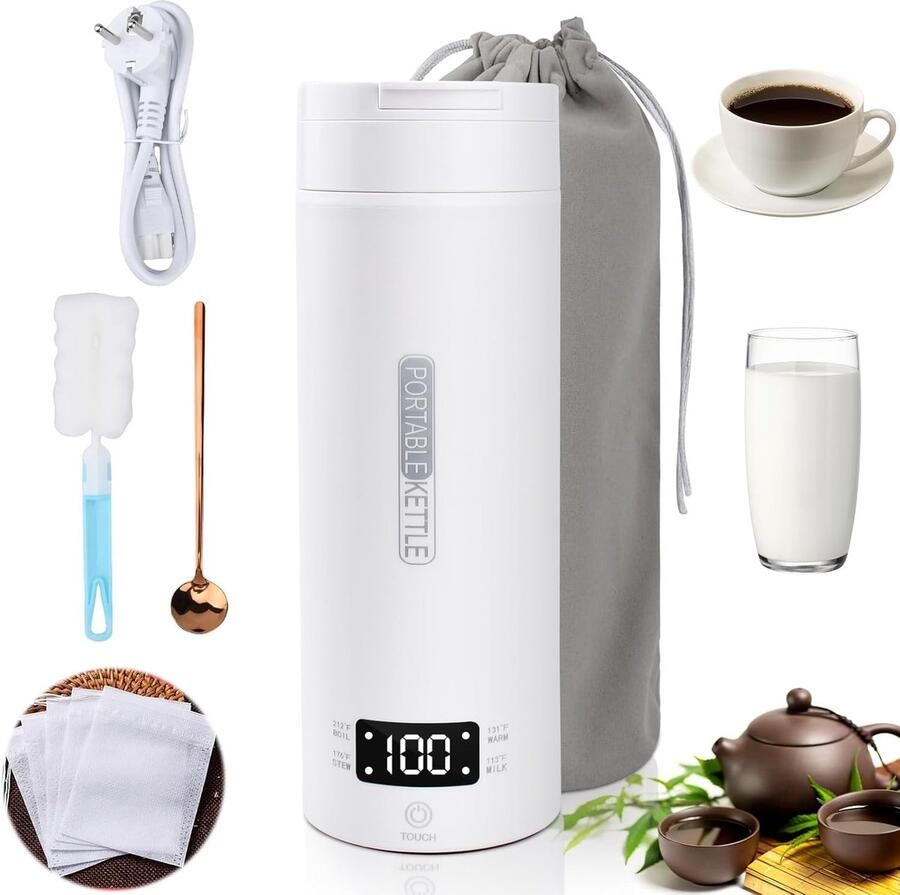 Kleine Draagbare Elektrische Waterkoker Zilver 500 ml RVS Liner met Temperatuurregeling Voor Thuis en Reizen