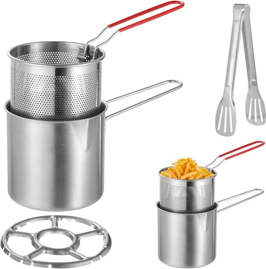 Kleine Friteuse Frituurpan Set Thuis Frituren Inclusief Tang en Rek 25.5 cm Diep Zilver