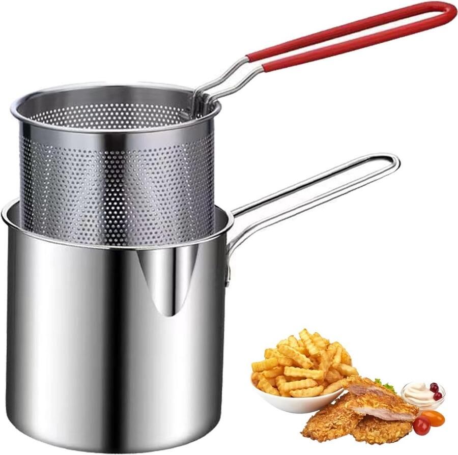Kleine Frituur Pan Friteuse 304 Roestvrij Stalen Diepe Friteuse met Mand Multifunctionele Friteuse voor Keuken en Thuis Zilverkleurig