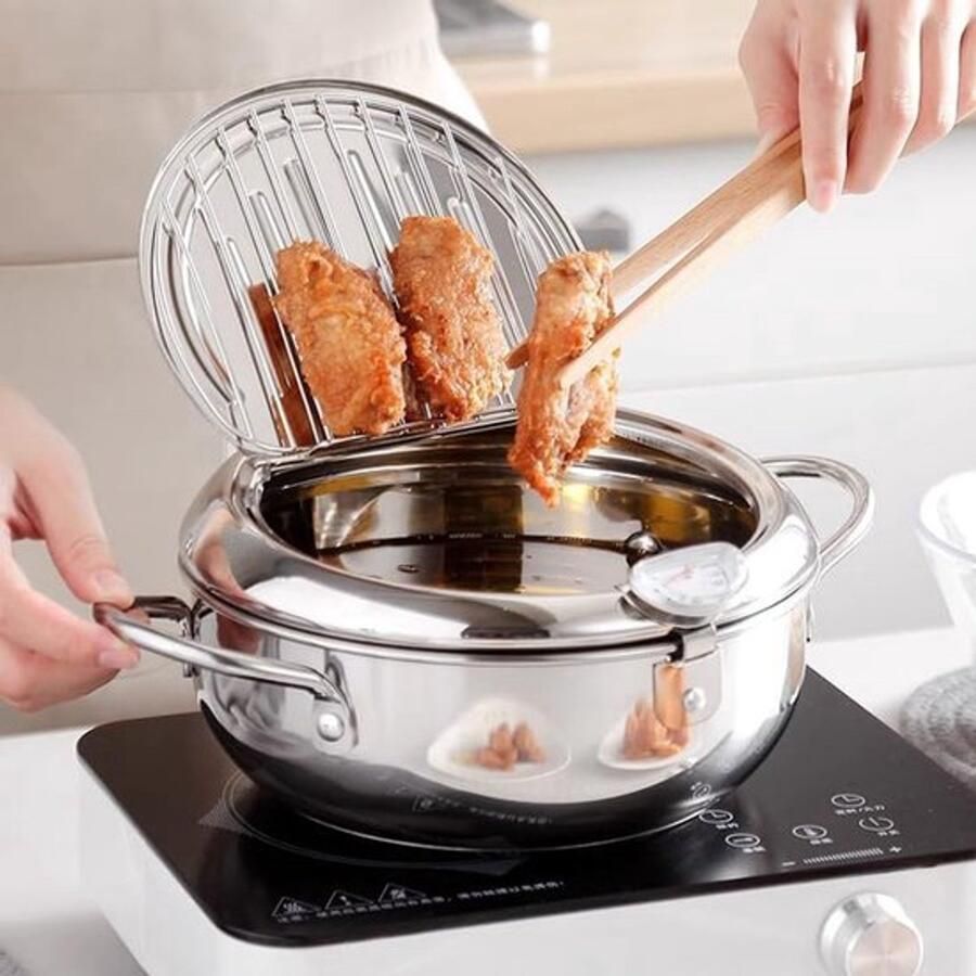Kleine Frituur Pan Mini Friteuse Diameter 20cm Friteuse 2.2 Liter Met Thermometer Frituurpan Huisraad Friteuse Chipfriteuse Geschikt Voor Gas En Inductie Zilver