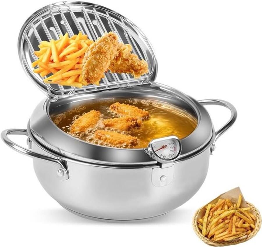 Kleine Frituur Pan Mini Friteuse Diameter 21cm Japanse Frituurpan Friteuse 2.2 Liter Met Thermometer Frietpan Frituurpan Huisraad Friteuse Chipfriteuse Friteuse Makkelijk Schoon Te Maken Geschikt Voor Gas En Inductie Zilver